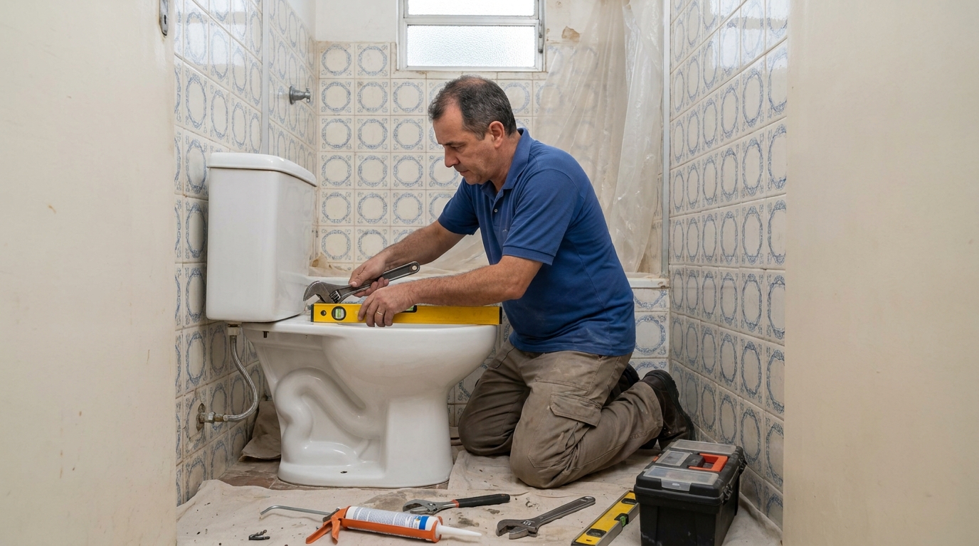 Técnico instalando vaso sanitário em Vila Velha‑ES